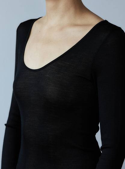 OLIVIA -Deep U-neck long sleeve-【Black】